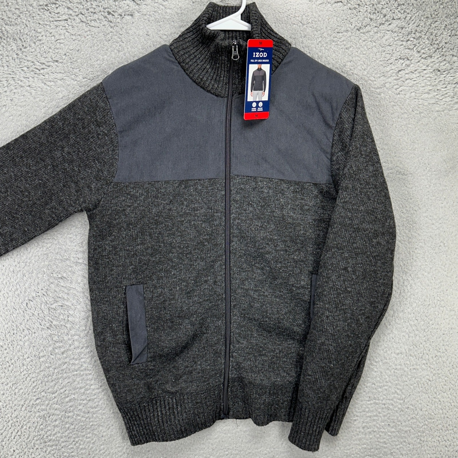 Izod Sweater Mens Medium Gray Blue Full Zip Fleece Lined Pocket Long Sleeve New